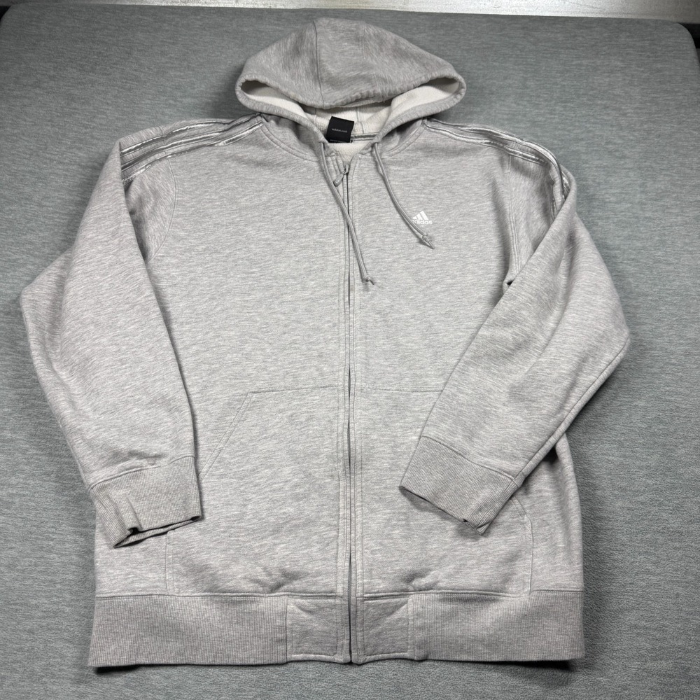 Adidas Hoodie Mens L Gray Full Zip 3-Stripe Metallic Silver Logo Fleece 25x31